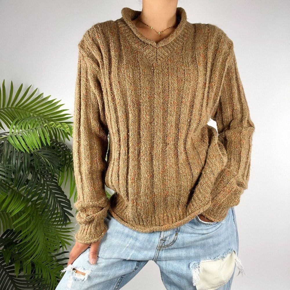 Vintage 90s Cottagecore Ribbed Granola Girl Grandpa Chunky Knit Wool Sweater / M